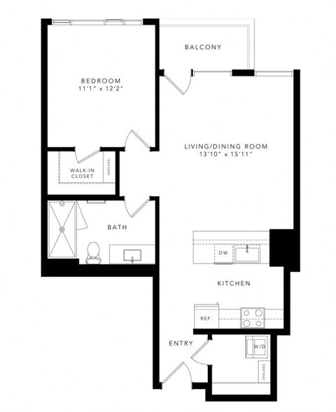 Floor plan for 1 bed, 1 bath, 757 sqft